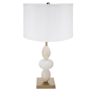 English Elm D14x26.3" White and Gold Three-Tier Round Table Lamp with Alabaster Accents and Drum Shade, 26.3" W2078P395820