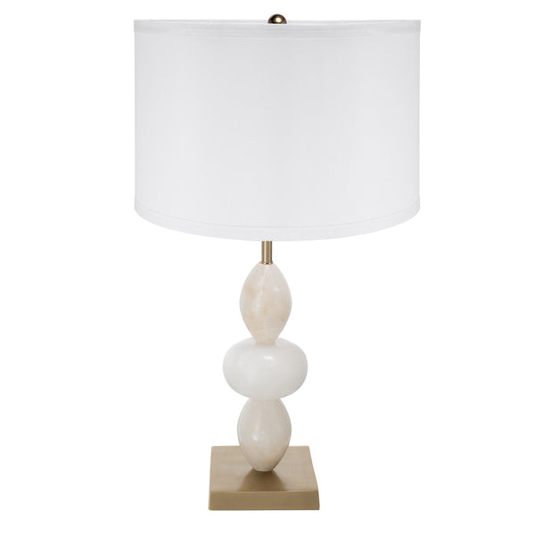 English Elm D14x26.3" White and Gold Three-Tier Round Table Lamp with Alabaster Accents and Drum Shade, 26.3" W2078P395820