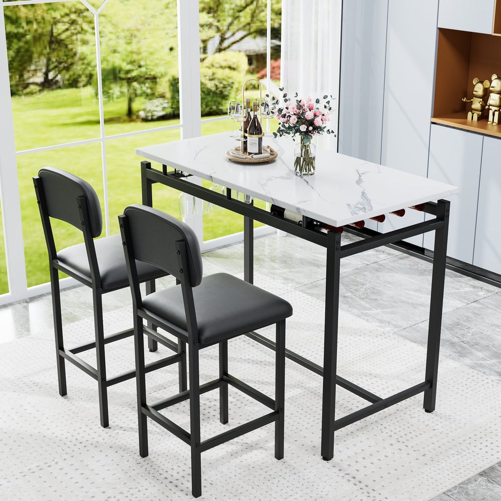 English Elm Kitchen Bar Table Set for 2 with Padded PU Chairs, Rustic Black & Grey 3-Piece High Dining Set, Sturdy Steel Frame, Space-Saving for Apartments W578P150069