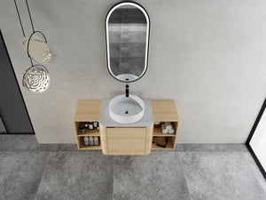 English Elm 48'' Wall-Mounted Bathroom Vanity With Elegant Ceramic Sink, Soft-Close Door & Open Storage Shelves W999S00469
