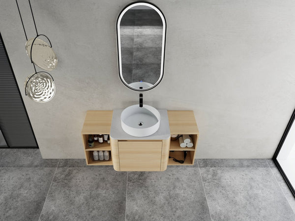 English Elm 48'' Wall-Mounted Bathroom Vanity With Elegant Ceramic Sink, Soft-Close Door & Open Storage Shelves W999S00469