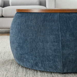 English Elm Round Storage Ottoman with Removable Top and Hidden Compartment, Eucalyptus Frame, 250lb Capacity Dark Blue W487P165698