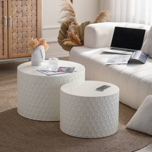 English Elm Stylish Honeycomb Nesting Coffee Tables Set — Modern Round Drum Design, Durable MDF, Space-Saving Pair Beige W757P206008