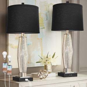 English Elm Table Rustic Farmhouse Bedside Lamps Set of 2 with Nightlight, 4-Way Rotary Switch, Linen Shade LED Black W3355P391317