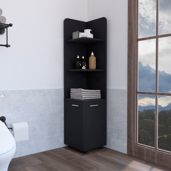 English Elm Corner Corner Cabinet 62H" Tall 3-Tier Open Shelf & 2-Door Black, Space-Saving Durable Storage B097P221673