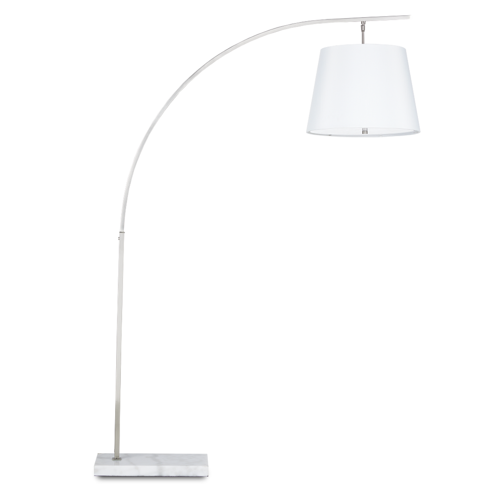 Cloister Modern Nickel Floor Lamp with White Linen Shade - Contemporary Arc Design for Stylish Spaces