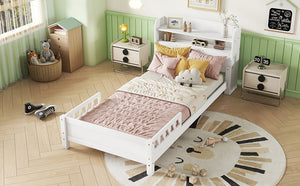 English Elm Twin Pine Wood Bed with Bookcase Headboard LED Motion Sensor Light Guardrails Ample Storage Space White W504P277596