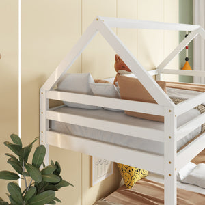 English Elm Twin Rubber Wood Floor Bunk Bed House-Shaped Design with Ladder Guardrails Sturdy Low-Profile Retreat White W504P206864