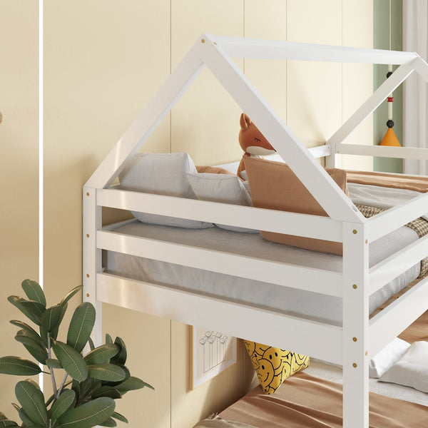 English Elm Twin Rubber Wood Floor Bunk Bed House-Shaped Design with Ladder Guardrails Sturdy Low-Profile Retreat White W504P206864
