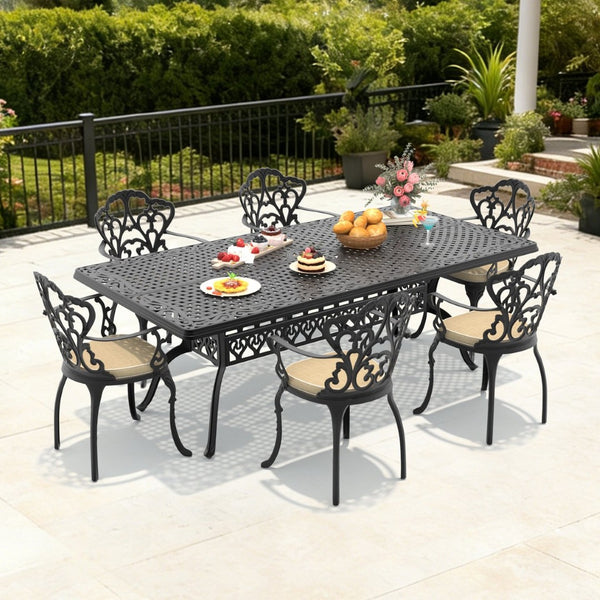 English Elm 7-piece Cast Aluminum Outdoor Dining Set with Ornate Garden Style and Cushioned Seating W1710S00607
