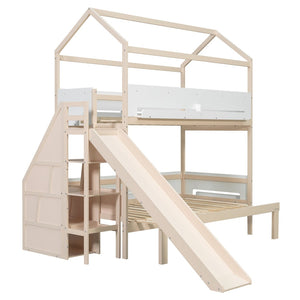 English Elm House-shaped Pine Bunk Bed with Built-in Slide Storage Staircase Twin Over Full Kids Frame Beige+White N820S00082A