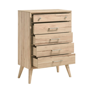 English Elm Mid-Century Natural Oak 5-Drawer Chest with Brushed Nickel Hardware, Slim Legs, Timeless Bedroom Style B011P224818
