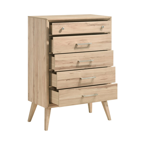 English Elm Mid-Century Natural Oak 5-Drawer Chest with Brushed Nickel Hardware, Slim Legs, Timeless Bedroom Style B011P224818