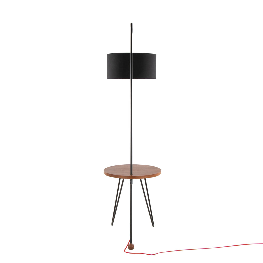 English Elm Stork-Robyn Mid-Century Floor Lamp with Walnut Accent Table, Black Metal Frame & Black Linen Shade B202S01392