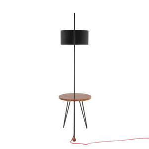 English Elm Stork-Robyn Mid-Century Floor Lamp with Walnut Accent Table, Black Metal Frame & Black Linen Shade B202S01392