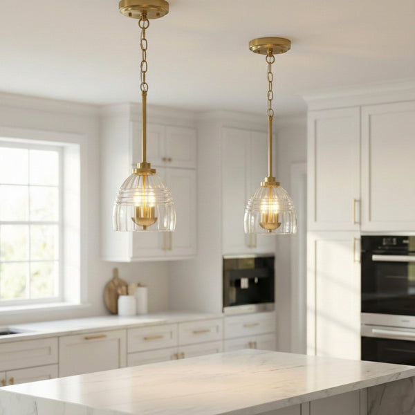 English Elm Ember Satin Brass Chain Pendant Three Candle Lights Clear Glass Dining Room B183P230892