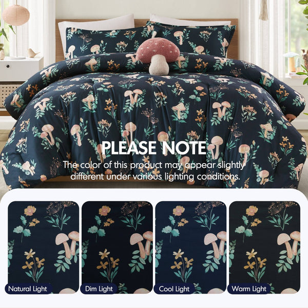 English Elm 4-piece Whimsical Mushroom Floral Microfiber Comforter Set with Shaped Accent Pillow Navy Multi B035P482879