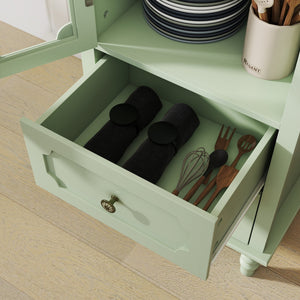 English Elm Minimalism Mint Green Buffet Cabinet with Tempered Glass, Solid Wood Legs, Spacious Drawer & Shelves W2557P355889
