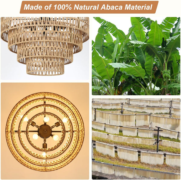 English Elm Boho Rattan Chandelier 6-Light Rustic Wicker Pendant with 4-Tier Handwoven Shade Farmhouse Chic W2738P185416