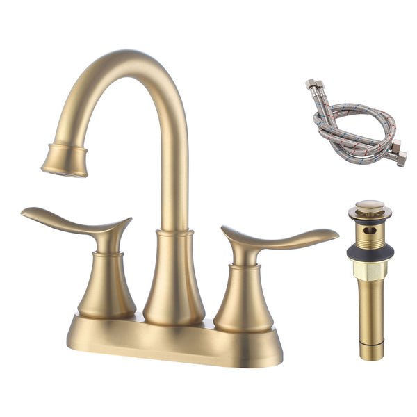 English Elm 2-Handle Brushed Gold Bathroom Faucet - Modern 4-Inch Vanity Sink Mixer With Pop-Up Drain & Hoses T3177P277470