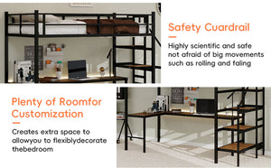 English Elm Loft loft bed with L-shaped desk, built-in storage stairs, 360° guardrail, sturdy iron frame for small rooms Black W1935S00003