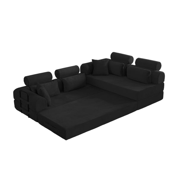 English Elm L Shaped Corduroy Sectional Sofa Converts to Sleeper Bed Space Saving Modular Couch Black W5532S00001