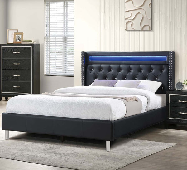 English Elm Modern Tufted Queen Platform Bed Faux Leather Led Headboard with Built-in Charging Port B011S02072