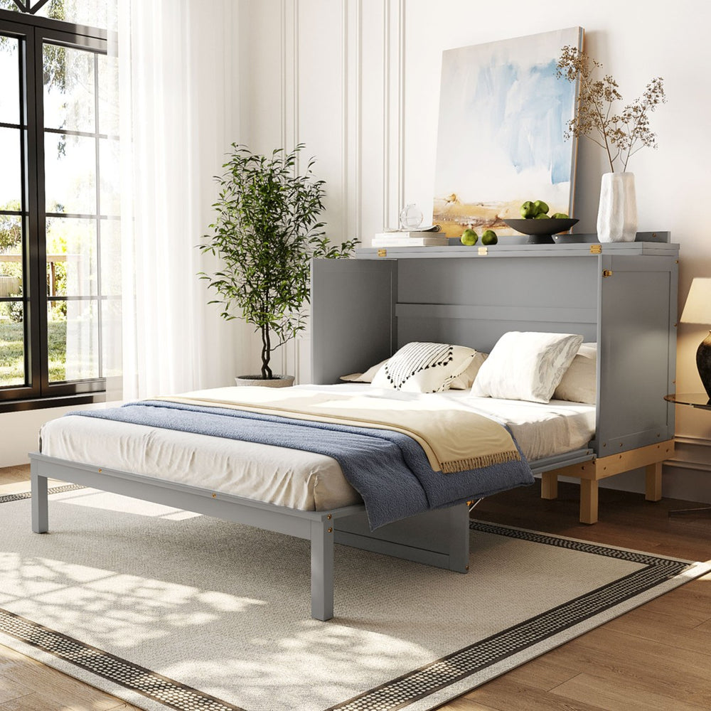 English Elm Queen Murphy Wall Bed Solid Pine Cabinet with Drawer Modern Space Saving Design Gray N708P243886E