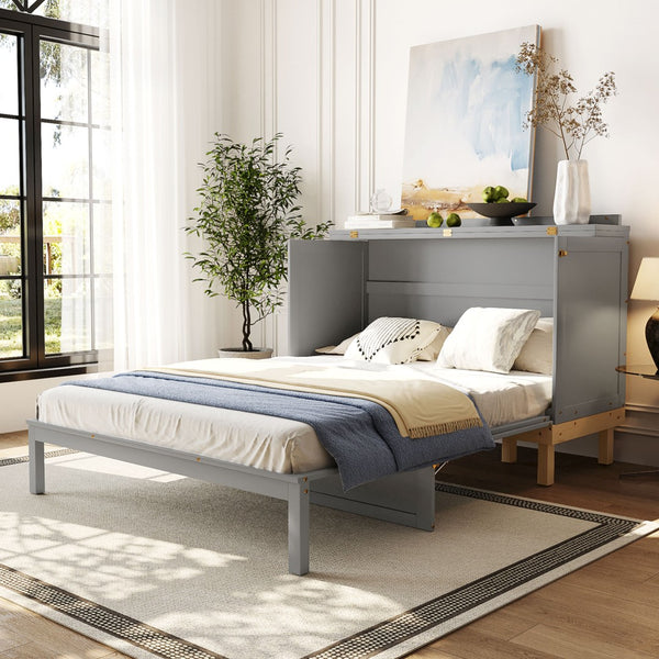 English Elm Queen Murphy Wall Bed Solid Pine Cabinet with Drawer Modern Space Saving Design Gray N708P243886E