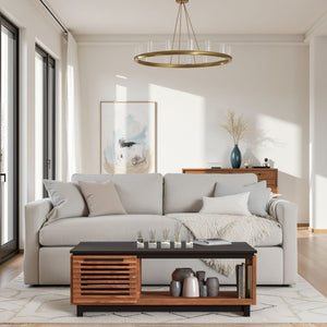 English Elm 47" Scandinavian-Inspired Coffee Table in Bourbon & Black Finish, Poplar/Okume, Concealed Storage, Fully Assembled B108P160164