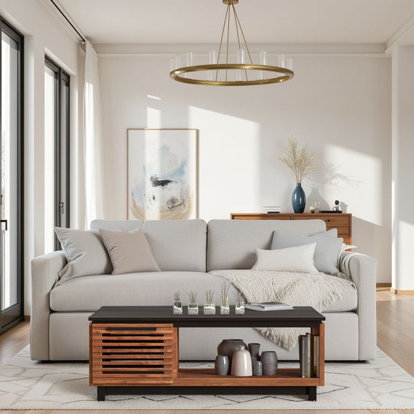 English Elm 47" Scandinavian-Inspired Coffee Table in Bourbon & Black Finish, Poplar/Okume, Concealed Storage, Fully Assembled B108P160164