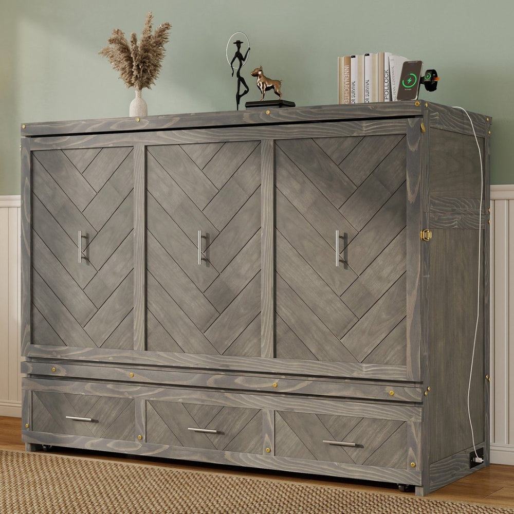 English Elm Queen Murphy Cabinet Bed Pine Wood Geometric Panel Antique Grey with Usb Charging W504S00302