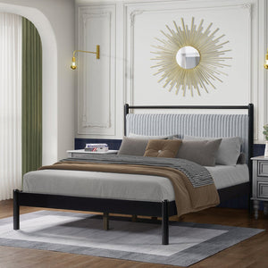 English Elm Christopher Knight Home® - Full Size Wood Platform Bed with Fluffy Soft Headboard Grey Black Frame — Sturdy 800lb Slats, Storage Space N758D797677B