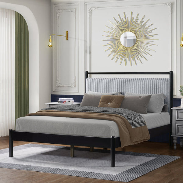 English Elm Christopher Knight Home® - Full Size Wood Platform Bed with Fluffy Soft Headboard Grey Black Frame — Sturdy 800lb Slats, Storage Space N758D797677B