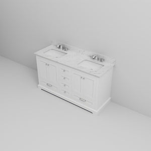 English Elm White Double Bath Vanity 60 in with Carrara Marble Top, Chrome Faucets, Soft-Close Drawers & Ample Storage B2731P258369