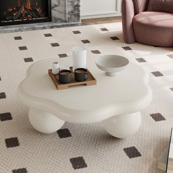 English Elm 35" Cloud Shaped Mdf Coffee Table Sculptural Round Top with Spherical Legs for Modern Living Cream White W1435S00027