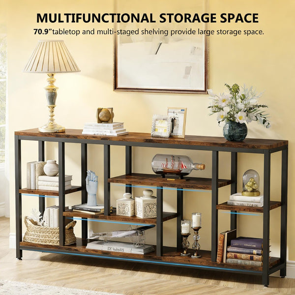 English Elm Coffee Console Table Industrial Metal Frame Vintage Wood Grain 2 Tier Entryway Sofa T3971P449857