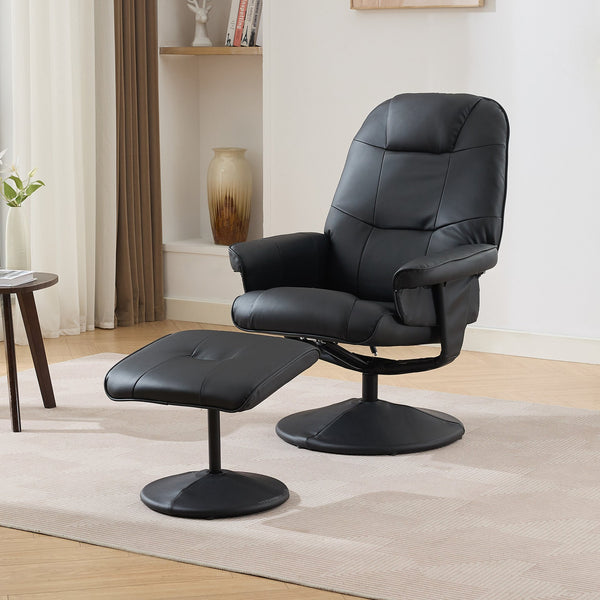 English Elm 011-Massage Recliner Chair with Ottoman, 360° Swivel PU Leather, 5-Point Vibration Massage, Heated Seat, 140° Backrest Comfort Black W2636P262429