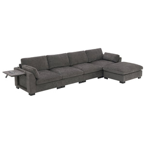 English Elm 130" Modular Sectional Sofa with Folding Table, Dual USB Charging, Hidden Side Pockets, Chenille Comfort Charcoal N723S9710R