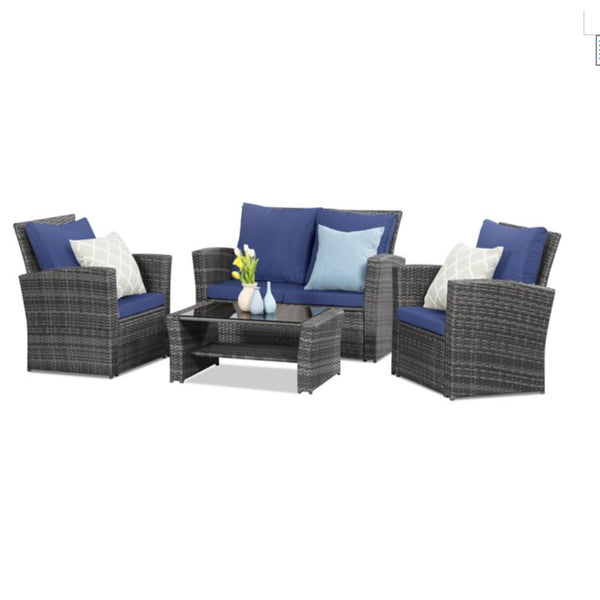 English Elm 4-piece Outdoor Wicker Conversation Set with Tempered Glass Table and Resort Style Blue+Brown B082S00057