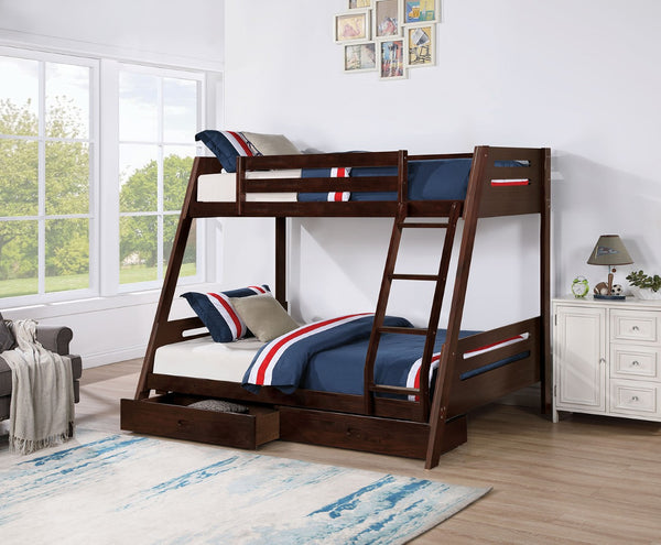 English Elm Transitional Twin-Over-Full Bunk Bed In Espresso With Underbed Drawers & Safe Angled Ladder Design B2741S00276-GIGA