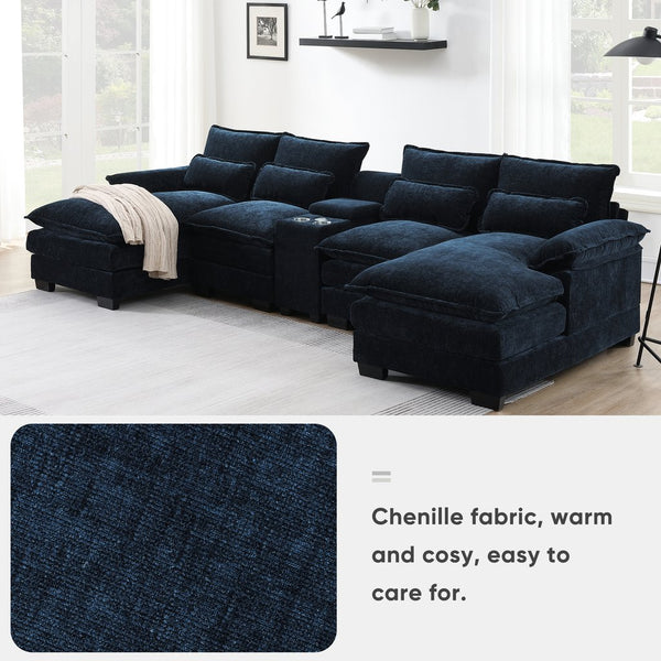 English Elm 123*55"Modern U-shaped Sectional Sofa with Console, Cup Holders, USB Ports, Chenille Comfort & Support Dark Blue N723S8804C