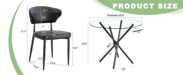 English Elm Table Set: Modern Transparent Glass Dining Table With 4 Ergonomic Black Pu Chairs For Stylish Comfort W1151S03671-GIGA