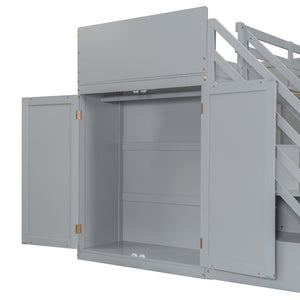 English Elm Twin Over Full Bunk Bed with Wardrobe Storage Stairs Shelves and Usb Charging Gray LT000292AAE