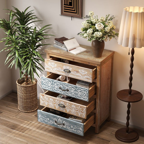 English Elm Vintage Bohemian Four Drawer Chest Distressed Solid Wood Floral Scroll Bedroom Storage W2295P414113