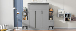 English Elm Queen Murphy Wall Bed with Led Lighting Open Shelves Drawers Space Saving Cabinet Gray LP000566AAE-3