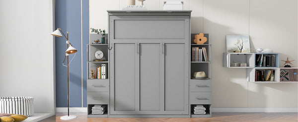 English Elm Queen Murphy Wall Bed with Led Lighting Open Shelves Drawers Space Saving Cabinet Gray LP000566AAE-3