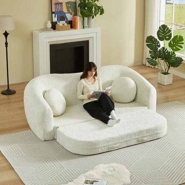English Elm 86-inch Curved Chenille Convertible Sofa Recliner Frameless Folding Two-seater for Living Room Beige W3505P452816