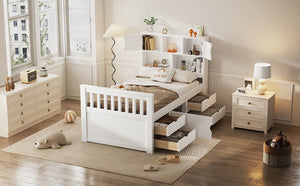 English Elm Twin Captain Platform Bed with Bookcase Headboard Four Drawers Pine Mdf Frame White GX001828AAK-1