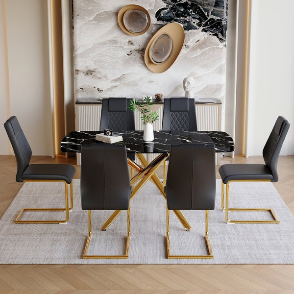 English Elm Table and Chair Set Marble Glass Top with Sculptural Gold Legs Six Seat Glam Dining Black+Gold W1151S03293